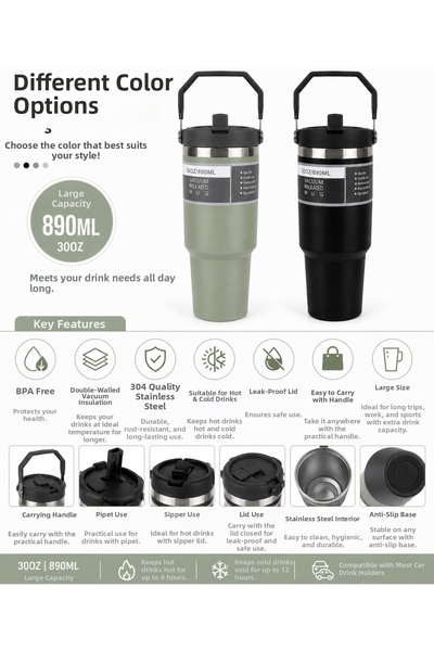 Aşkana yuvanıza aşkla... 890 ml Steel Thermos Cup, 3 Ways to Use the Mouth, Leak-Proof Stainless Steel Cup with Straw