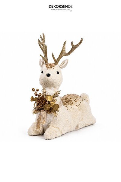 Dekorsende Christmas Decorative Glittery Sitting Deer Figure Cream 42 cm