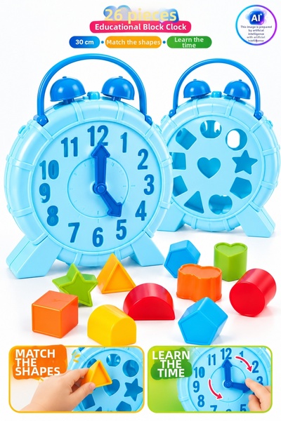 TRENDZONE 26 Piece Educational Block Bultak Clock 30cm – Shape Matching and T...