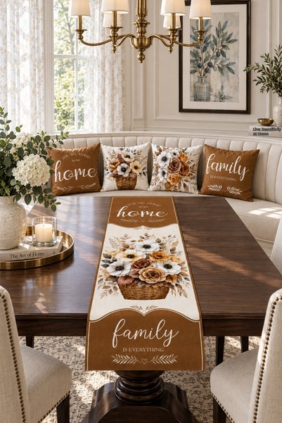 HOMESSA Brown Flower Basket Home Family 4-Piece Cushion Cover Runner Set