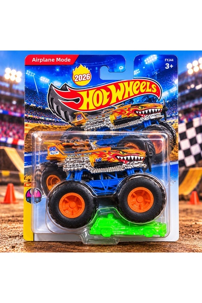 HOT WHEELS سيارة لعبة بعجلات كبيرة بتصميم سمكة القرش البرتقالية على شكل طائرة