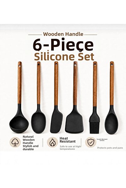 Dem Home 35cm Large Size Wooden Handle 6-Piece Silicone Ladle Set – Spatula-L...