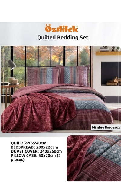 Özdilek Mimbre Bordo Double Duvet Cover Set with Blanket