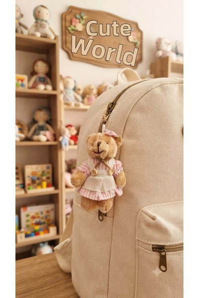 Şirin Plush Teddy Bear Keychain with Pink Striped Dress, Cute Bag Accessory