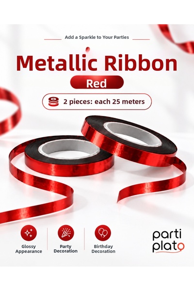 Parti Plato Red Metalized Raffia 2 Pieces X 25 Meters Balloon String Gift Wra...