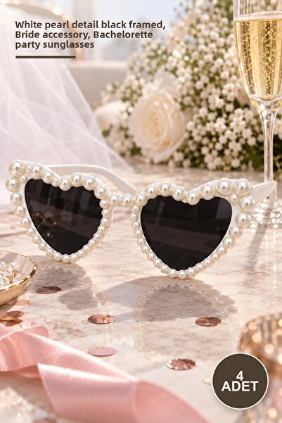 Yenilig 4 Heart Party Glasses – Black Glass with White Pearl Detail, Bride Ac...