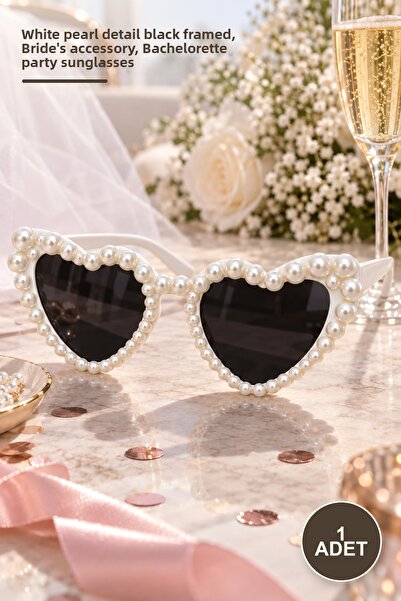Yenilig 1 Piece Heart Party Glasses – Black Glass with White Pearl Detail, Br...