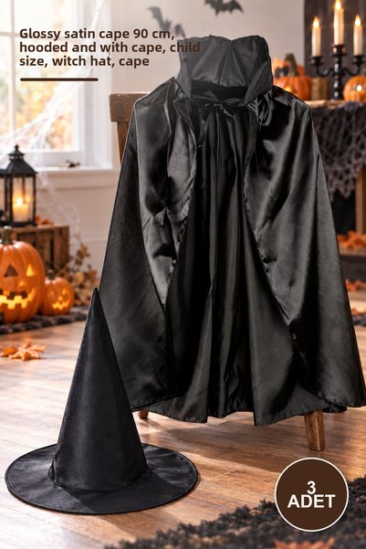 Yenilig 3 Pieces of Black Collared Cloak and Witch Hat – Shiny Satin Cloak 90...