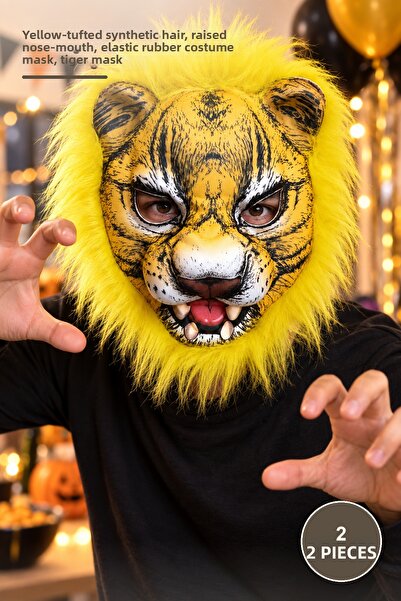 Yenilig 2Pcs Tiger Eva Mask – with Yellow Mane Synthetic Hair, Embossed Nose-...