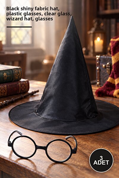 Yenilig 3 Pieces Harry Potter Wizard Hat and Goggles – Black Shiny Fabric Hat...