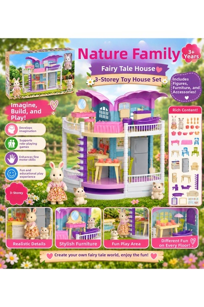 TRUST STORE Nature Family Fairy Tale House 3-Storey Toy House Set with Figure...