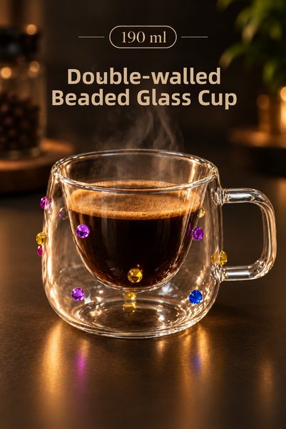 Karçiçeği Home 190 ml Double-Walled Beaded Glass Mug – Coffee Cup with Colorful Beaded Detail