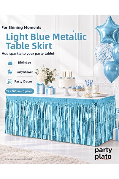 Parti Plato Light Blue Metallic Table Skirt 65X200 cm with Tassels Birthday P...