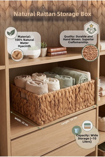RİVO HOME DECOR Natural Water Hyacinth Wicker Organization Box 35X25X12 cm Ba...