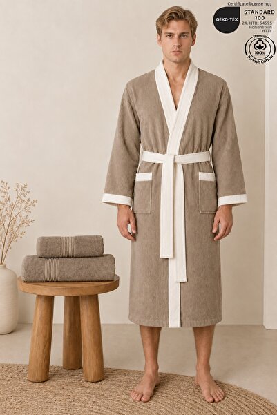 Ellaline 3 Piece Men's Kimono Bathrobe Set 100% Cotton Certified Striped Cont...