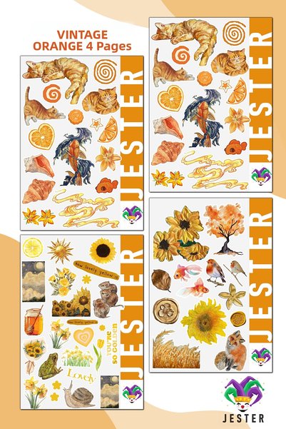 Jester Vintage Orange 4 Sheets Sticker, Decal, Diary, Agenda, Planner, Bullet, Journal, Scrapbook