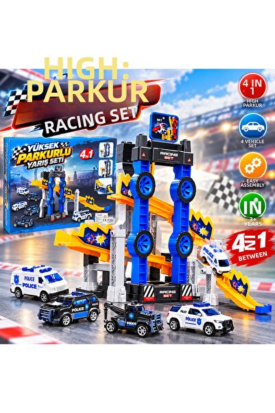 TRUST STORE High-Track 4-in-1 Race Set – 4 Vehicles, Ramp, and Obstacle Cours...