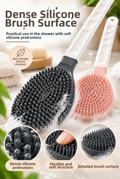 Awesomecrochet Long Handle Silicone Back Scrubber – Body Cleansing Shower Brush – Ergonomic Handle Bath Brush