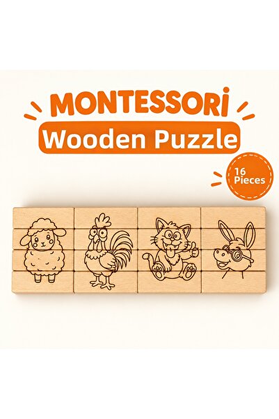 TOTTERİQ Montessori Wooden Puzzle 16 Pieces Educational Block Puzzle with Ani...