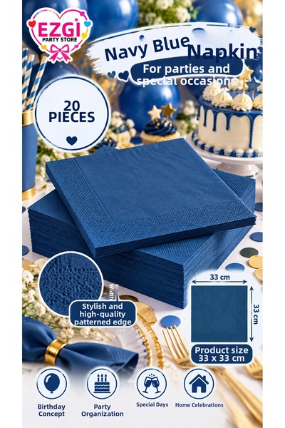 Ezgi Party Store 20 Pieces Navy Blue Napkins 33X33 cm Birthday Concept Celebr...