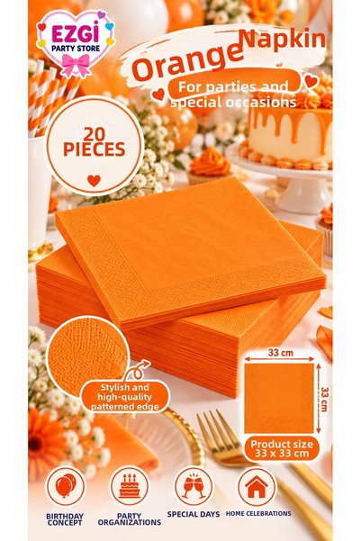 Ezgi Party Store 20 قطعة مناديل برتقالية مقاس 33 × 33 سم لتزيين طاولة حفلات أ...