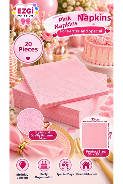 Ezgi Party Store 20 Pieces Pink Napkins 33X33 cm Birthday Concept Party Table...