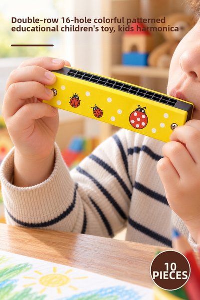 Yenilig 10 Pieces Wooden Harmonica – Double Row 16 Holes Colorful Patterned E...