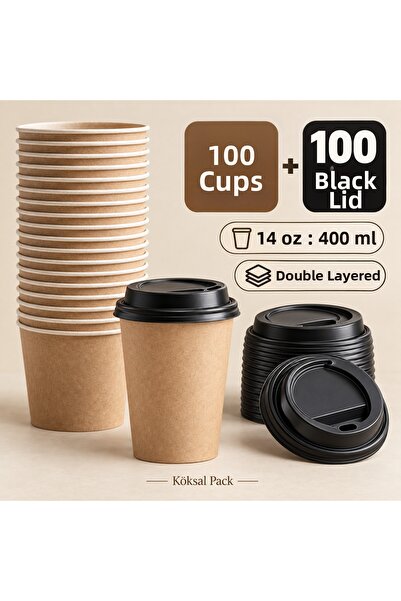 Köksal Pack 100 Pcs 14 oz Double Wall Kraft Coffee Cups + 100 Black Lids Doub...