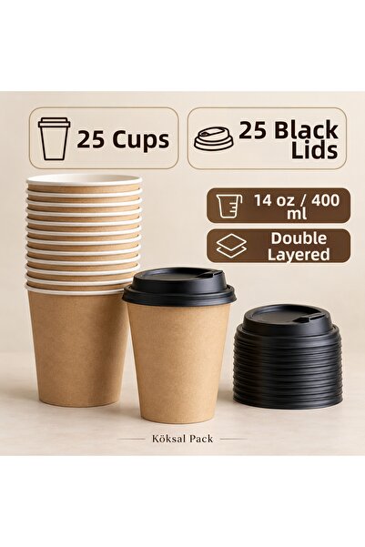 Köksal Pack 25 Pcs 14 oz Double Wall Kraft Coffee Cups + 25 Black Lids Double...