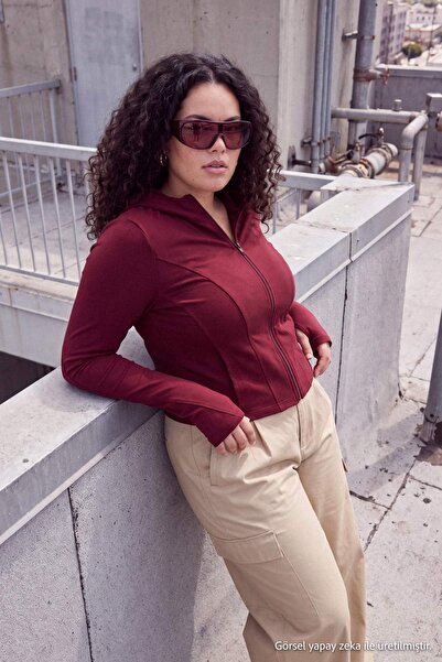 Trendyol Curve Burgundy Fitted Zipper Closure Plus Size Jacket Tbbaw27Ag00049