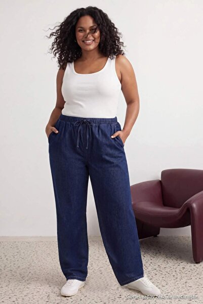 Trendyol Curve Koyu Mavi DÖKÜMLÜ Beli Lastikli Yüksek Bel Wide Leg Jeans TBBA...