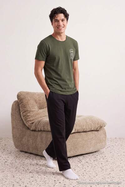 Trendyol Collection Green Regular Slogan Printed 100% Cotton Knitted Pajama S...
