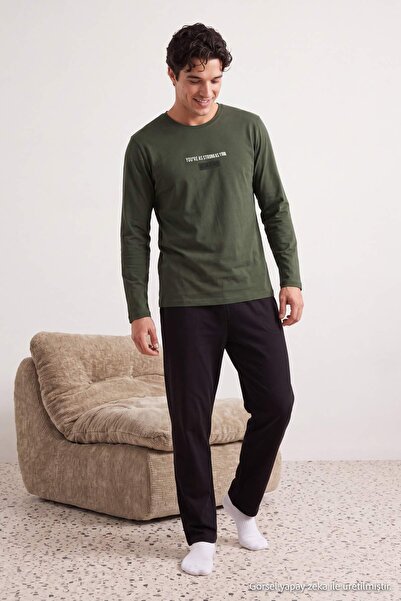Trendyol Collection Dark Green Regular Slogan Printed 100% Cotton Knitted Paj...