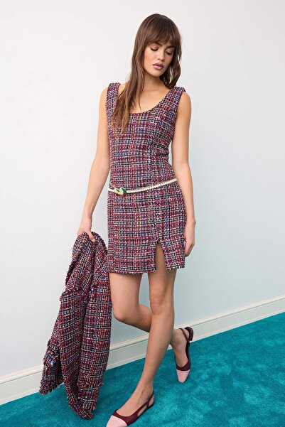Trendyol Collection Multicolored Tweed Bodycone/Body-Hugging Slit Short / Min...