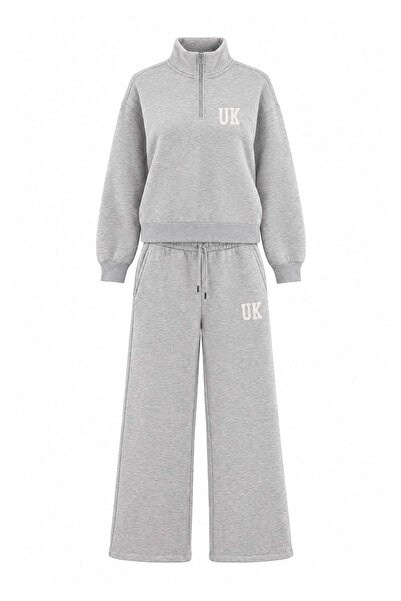Trendyol Collection Teen Gray Melange Embroidered High Neck Zippered Wideleg ...
