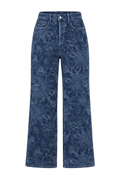 Trendyol Collection Blue Laser Printed High Waist Wide Leg Jeans Twoaw27Je00349