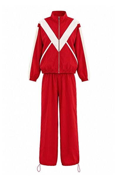 Trendyol Collection Red Color Block Parachute Sportswear Bottom - Top Set Thm...