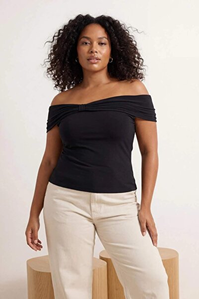 Trendyol Curve Black Carmen Collar Bodycon Stretchy Crop Knitted Madonna Coll...