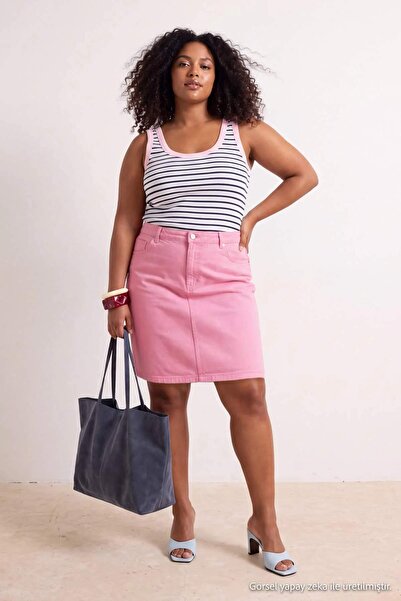 Trendyol Curve Pink High Waist 100% Cotton Non-Stretch a Shape Denim Skirt Tb...