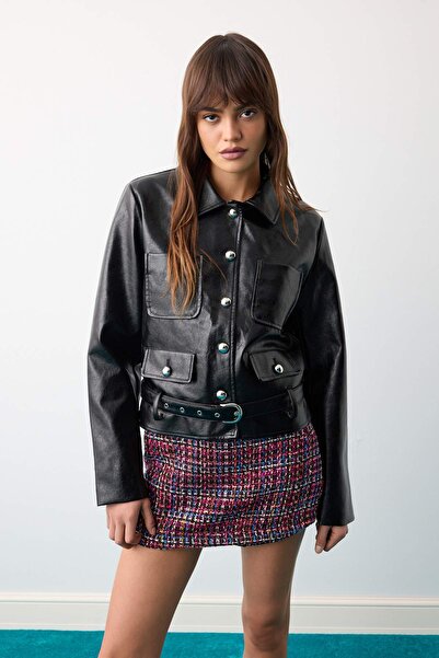 Trendyol Collection Black Regular Fit Metal Button Belted Faux Leather Coat T...