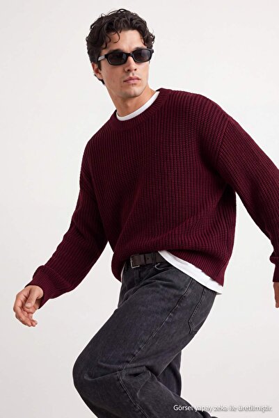 Trendyol Collection Burgundy Oversize Crew Neck Plain Sweater Tmnaw23Kz00189