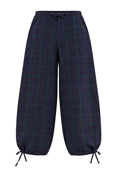 Trendyol Collection Navy Blue Plaid Elastic Shalwar Trousers Twoaw27Pl00137