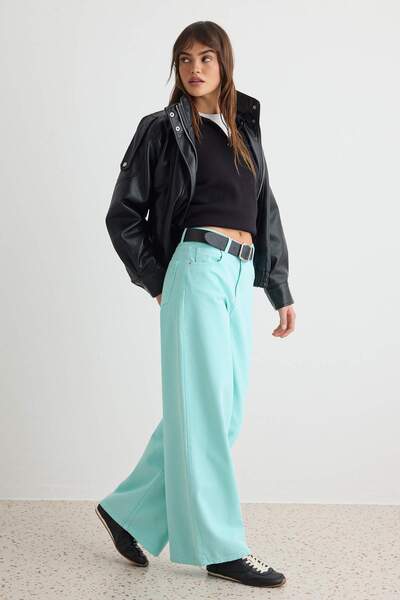 Trendyol Collection Turquoise High Waist Extra Wide Leg Loose Fit 100% Cotton...