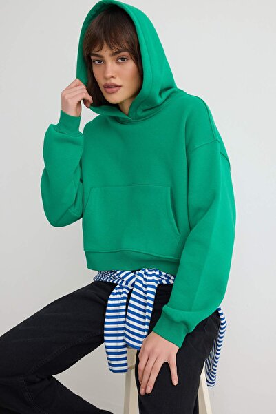 Trendyol Collection Green Thick Fleece Inside Hooded Kangaroo Pocket Oversize...