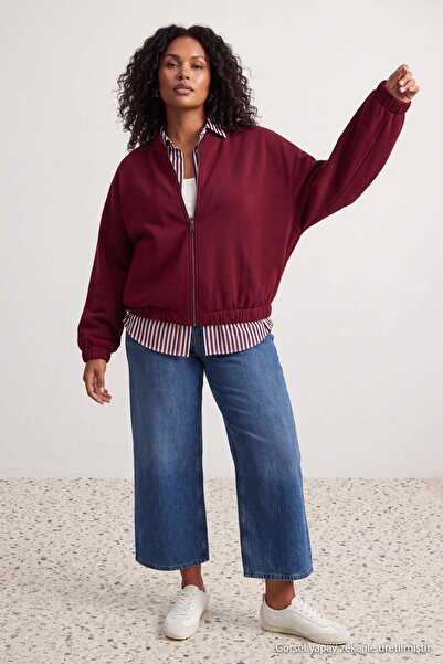 Trendyol Curve Bordo Bomber Yaka Oversize/Geniş Kalıp Önü Fermuarlı Büyük Bed...