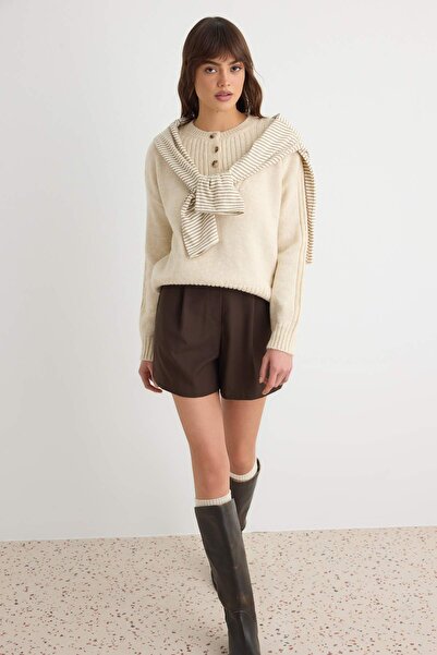 Trendyol Collection Ecru Soft Textured Basic Half Placket Knitwear Sweater Tw...