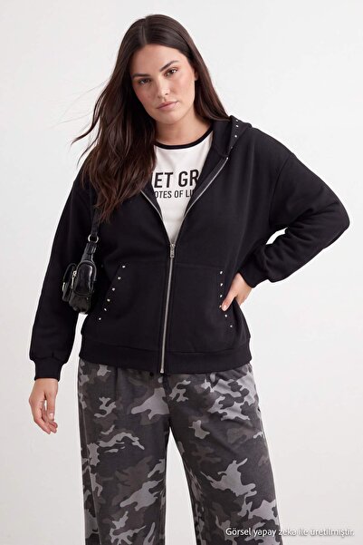 Trendyol Curve Black Hooded Low Sleeve Oversize Knitted Sweatshirt Tbbaw27Ao0...