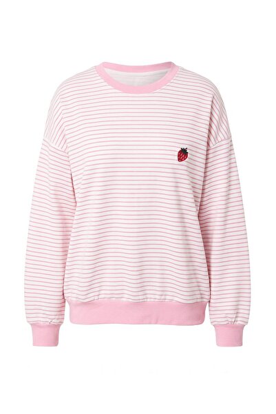 Trendyol Collection Light Pink Striped Strawberry Embroidered Oversize/Wide C...