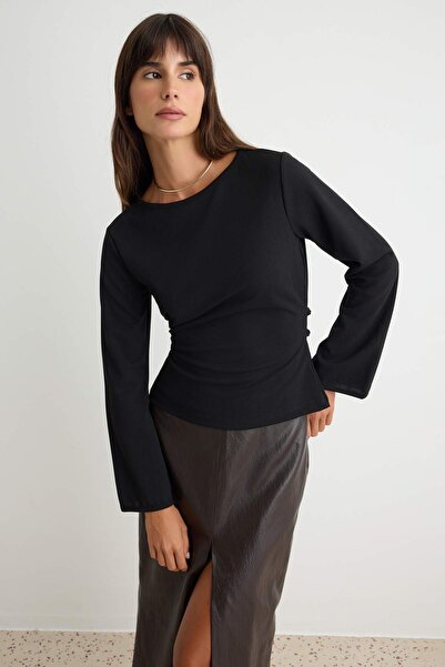 Trendyol Collection Black Plain Fitted/Bodycon Ribbed Boat Neck Spanish Sleev...