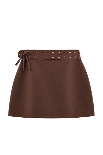 Trendyol Curve Brown Belt Detailed Short / Mini Woven Plus Size Skirt Tbbaw27...